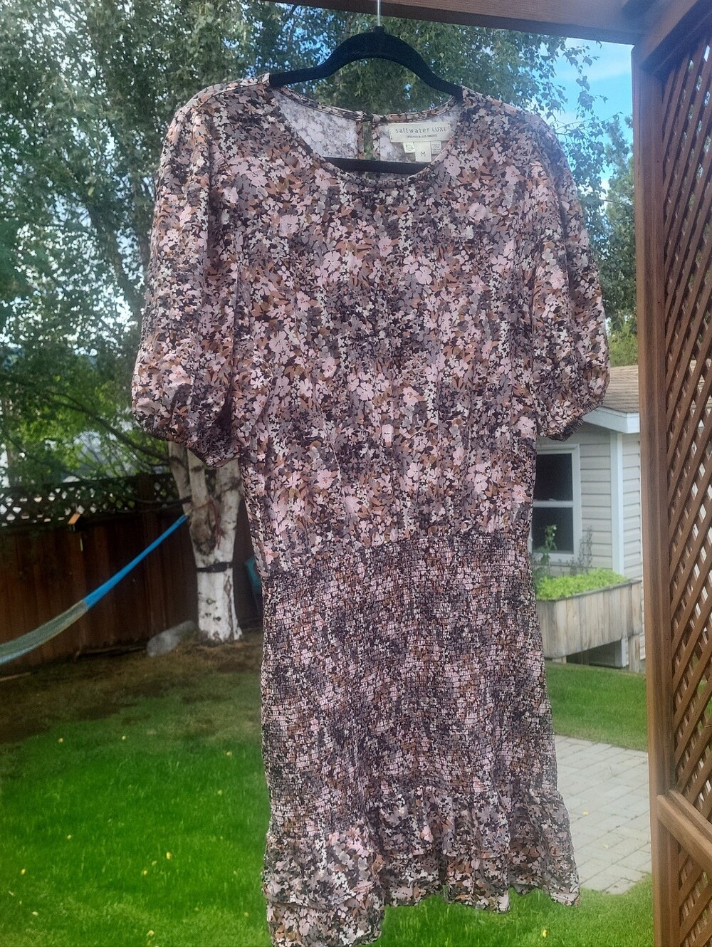 saltwater LUXE Pink and Brown Floral Smocked Mini Dress